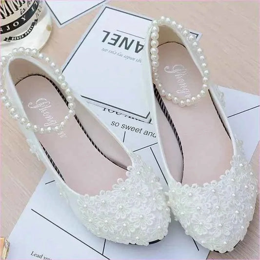 Chic White Bridesmaid Shoes with Pearl Straps and Floral Details - Pleasures and Sins