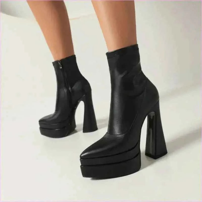 Chunky Black Platform Ankle Boots with Pointed Toe for Women - Pleasures and Sins
