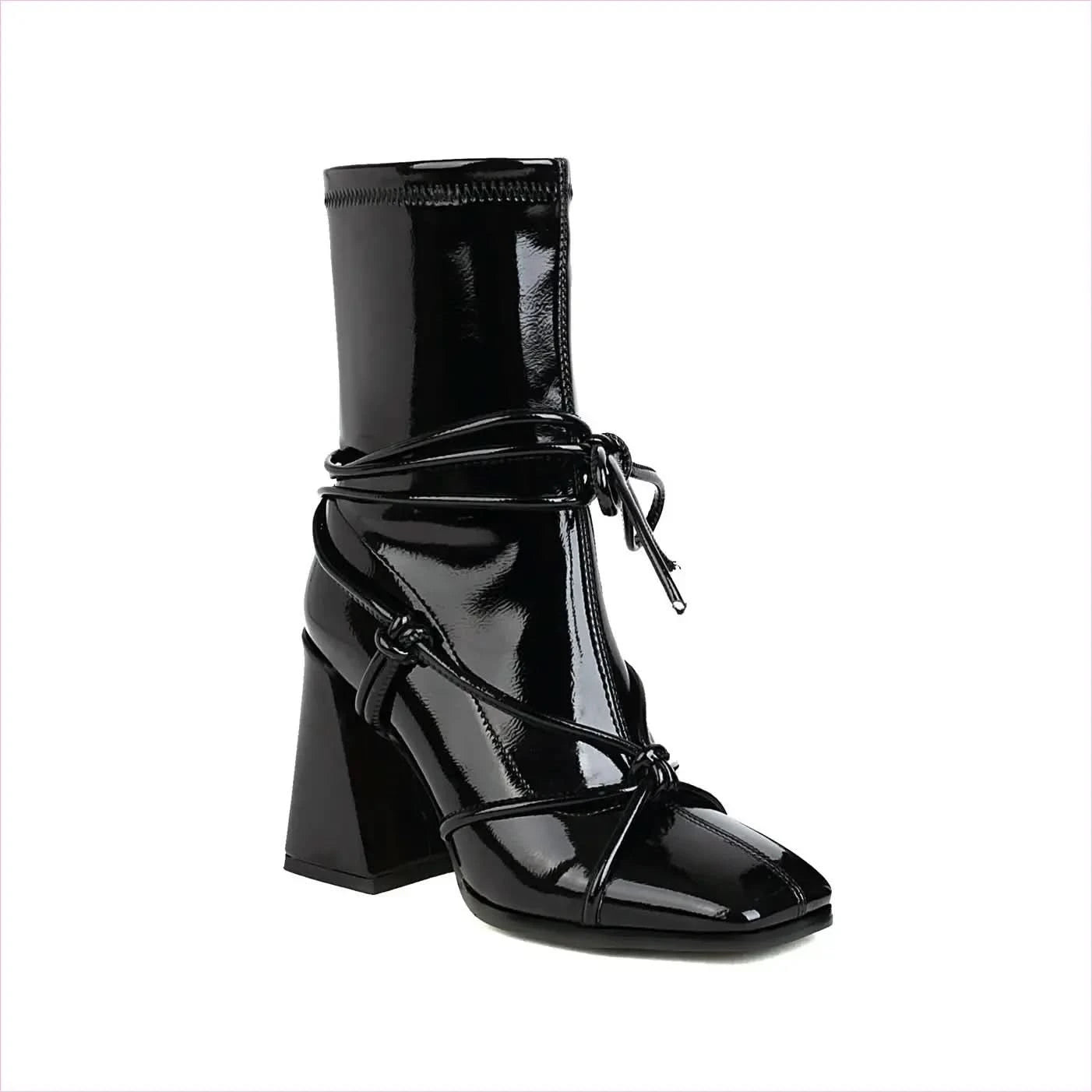 Chunky Heel White Square Head Womens Ankle Boots with Laces - Pleasures and Sins