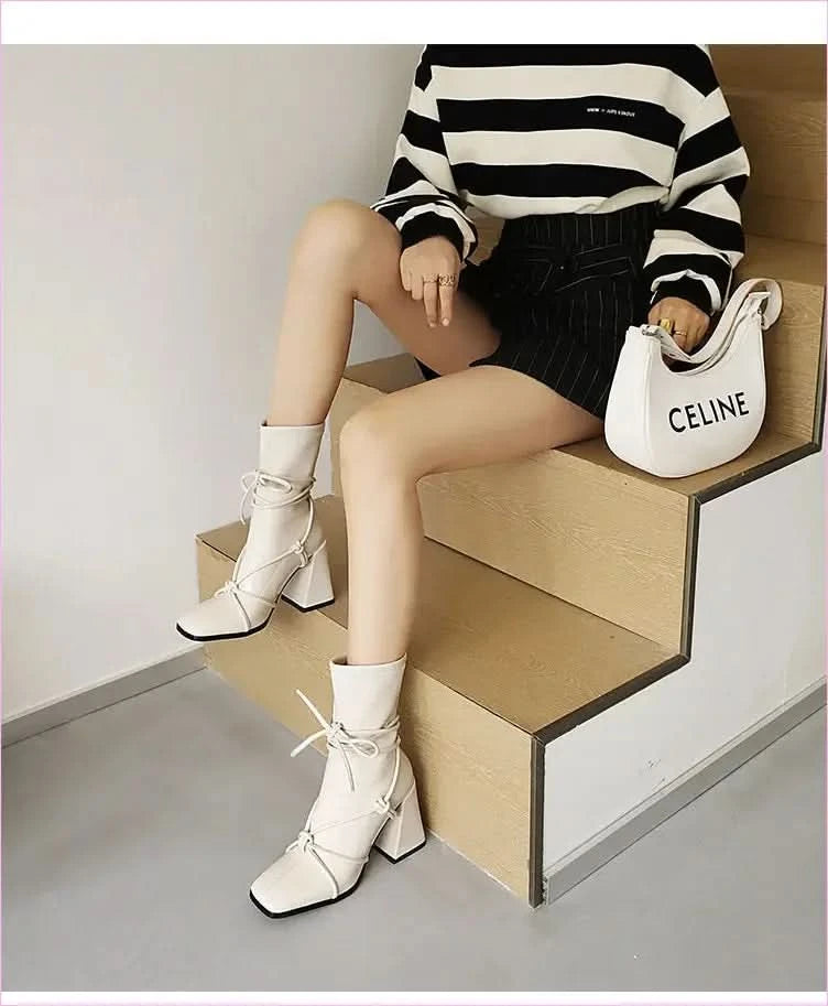 Chunky Heel White Square Head Womens Ankle Boots with Laces - Pleasures and Sins