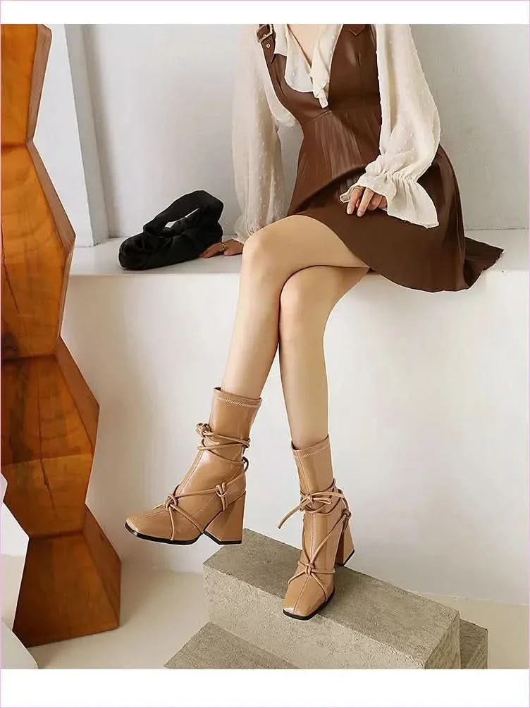 Chunky Heel White Square Head Womens Ankle Boots with Laces - Pleasures and Sins
