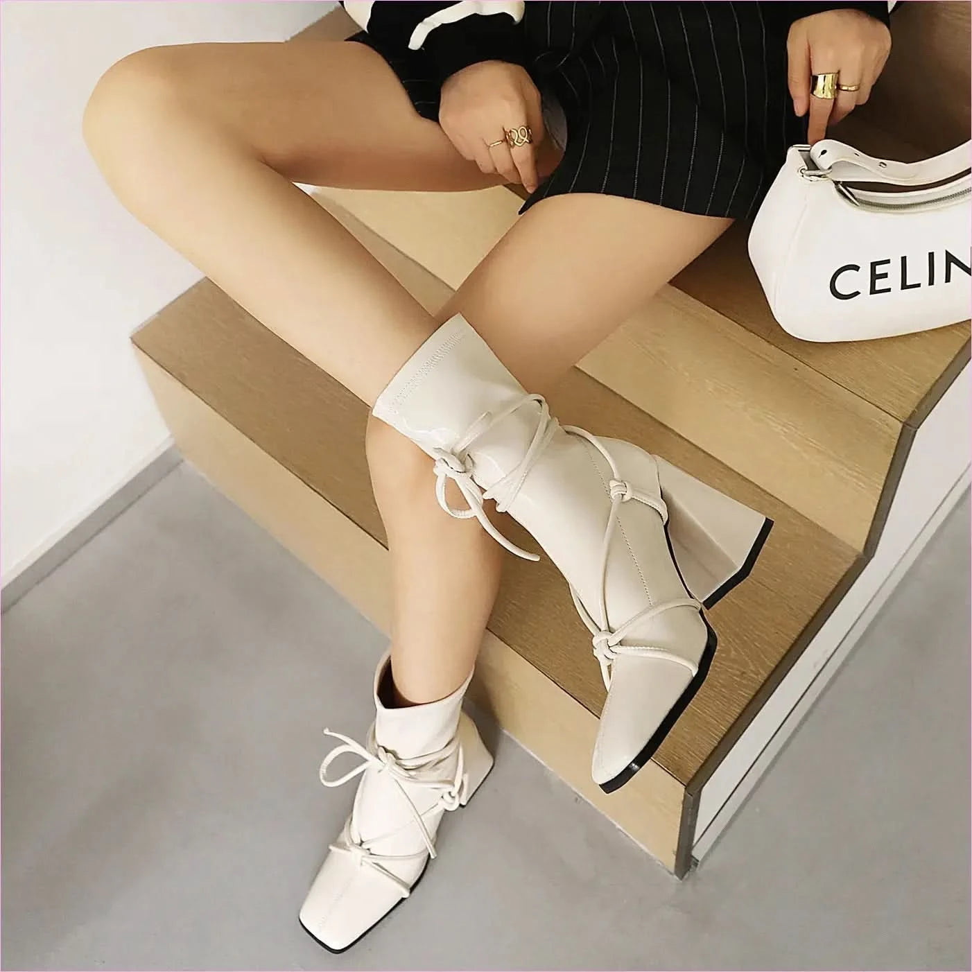 Chunky Heel White Square Head Womens Ankle Boots with Laces - Pleasures and Sins