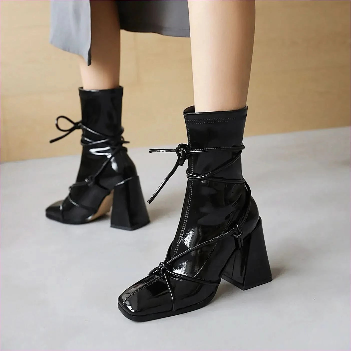 Chunky Heel White Square Head Womens Ankle Boots with Laces - Pleasures and Sins