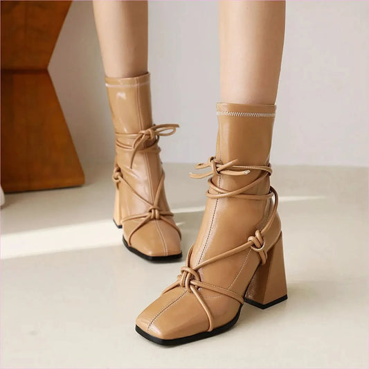 Chunky Heel White Square Head Womens Ankle Boots with Laces - Pleasures and Sins