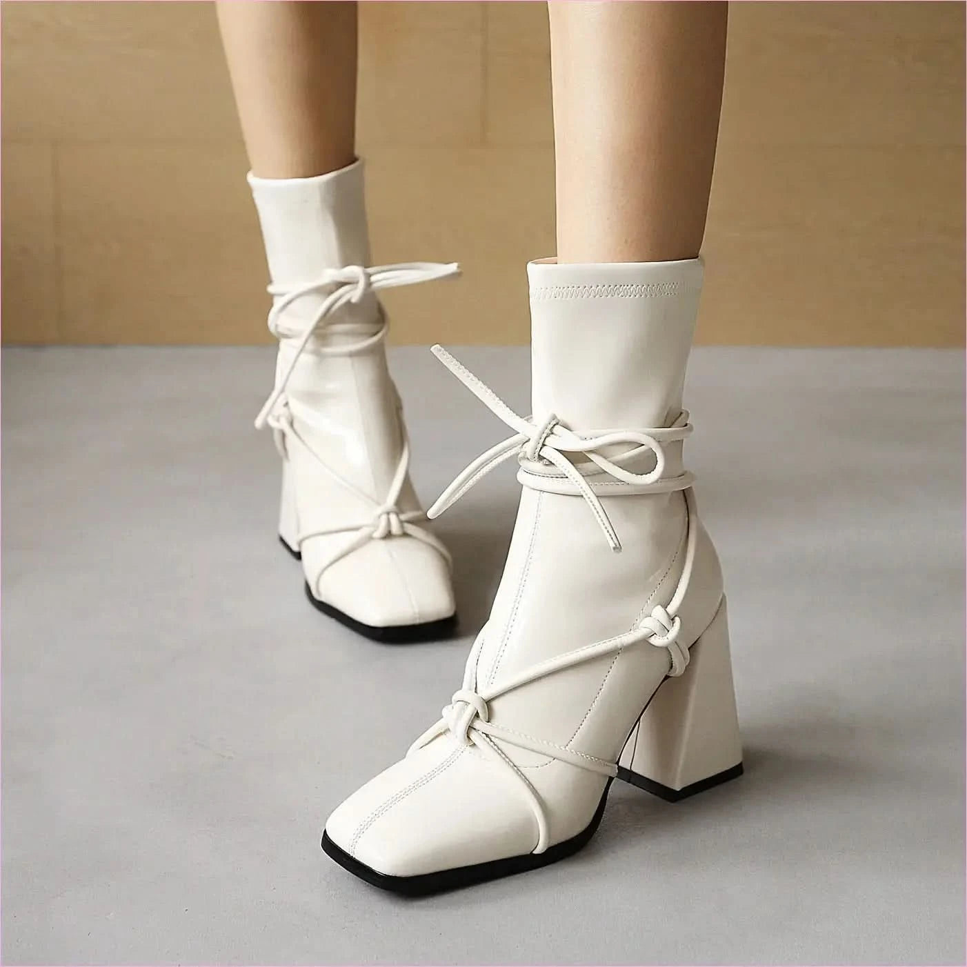 Chunky Heel White Square Head Womens Ankle Boots with Laces - Pleasures and Sins