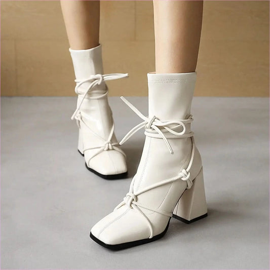 Chunky Heel White Square Head Womens Ankle Boots with Laces - Pleasures and Sins