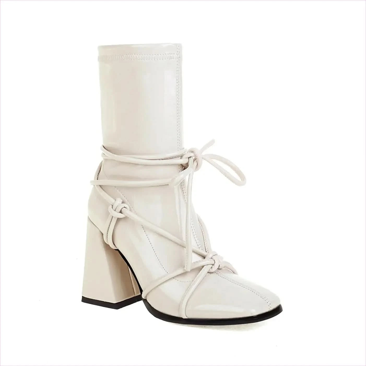 Chunky Heel White Square Head Womens Ankle Boots with Laces - Pleasures and Sins