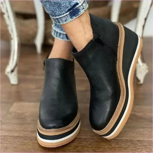 Chunky Platform Leather Surface Ankle Boots with Zipper Mid Heel - Pleasures and Sins