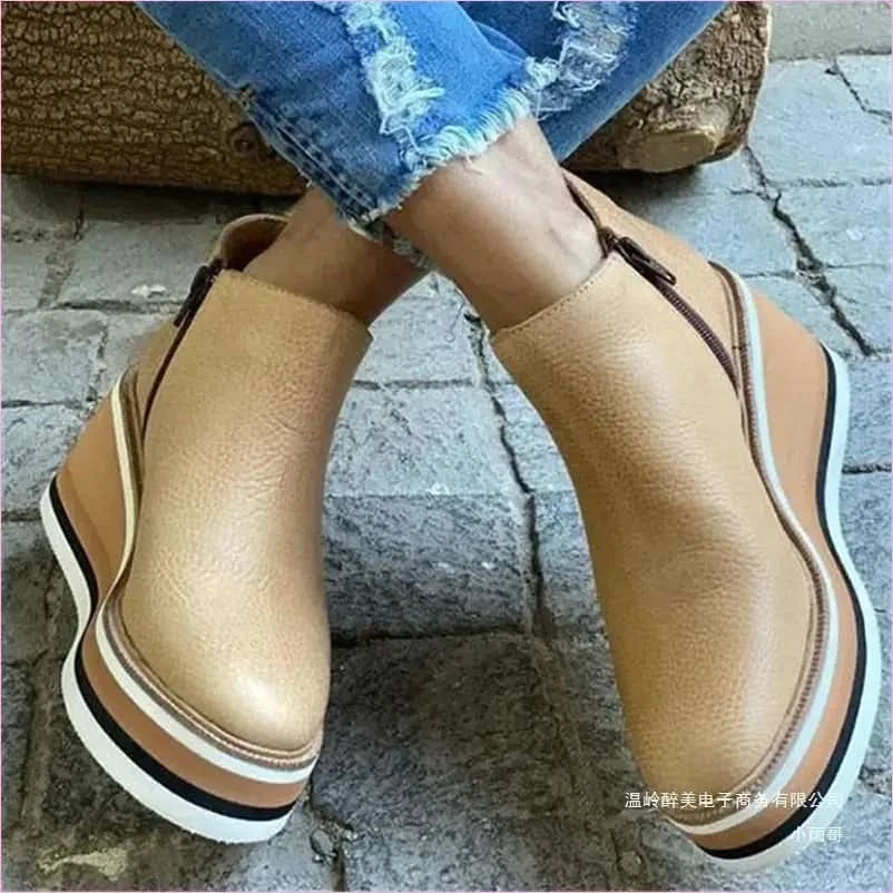 Chunky Platform Leather Surface Ankle Boots with Zipper Mid Heel - Pleasures and Sins