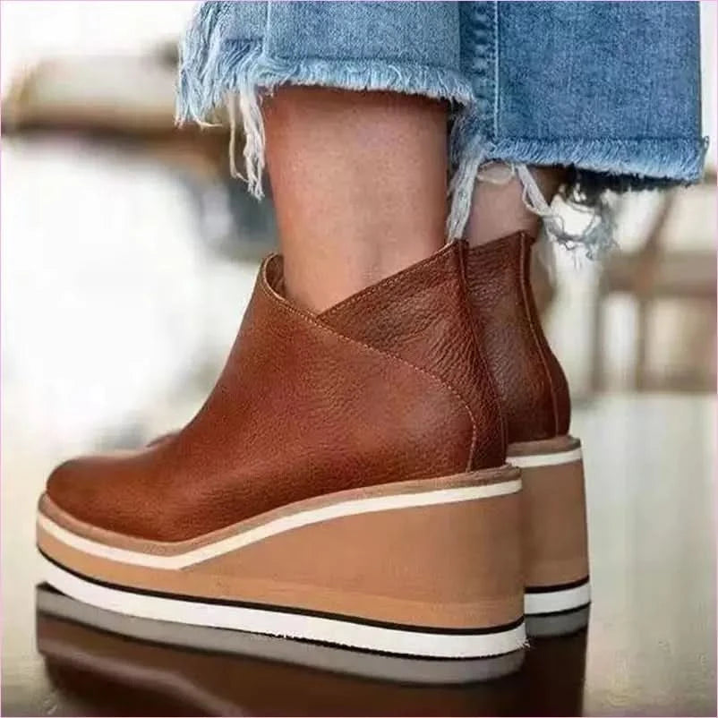 Chunky Platform Leather Surface Ankle Boots with Zipper Mid Heel - Pleasures and Sins