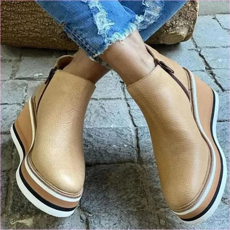 Chunky Platform Leather Surface Ankle Boots with Zipper Mid Heel - Pleasures and Sins