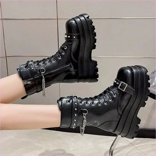 Chunky Women’s Punk Style Mid Length Boots with Studs and Chains - Pleasures and Sins