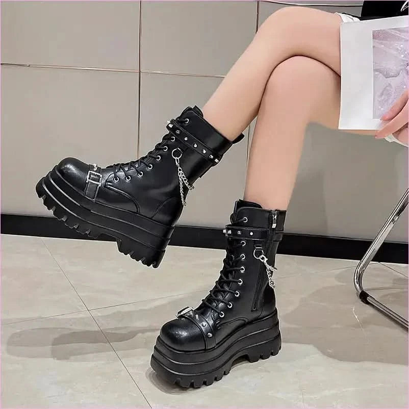 Chunky Women’s Punk Style Mid Length Boots with Studs and Chains - Pleasures and Sins