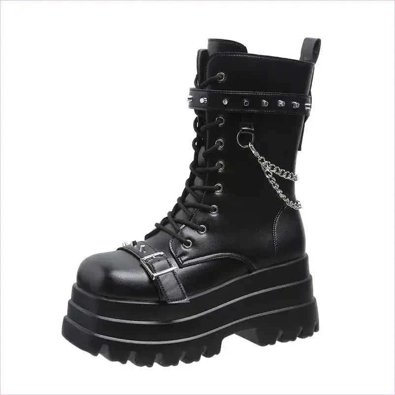 Chunky Women’s Punk Style Mid Length Boots with Studs and Chains - Pleasures and Sins
