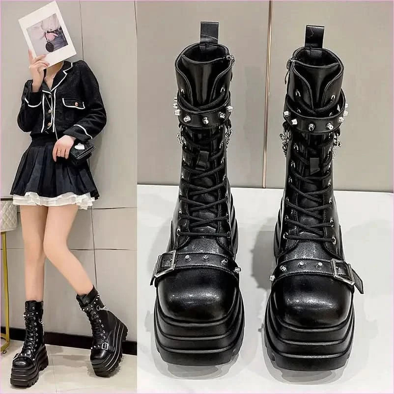 Chunky Women’s Punk Style Mid Length Boots with Studs and Chains - Pleasures and Sins