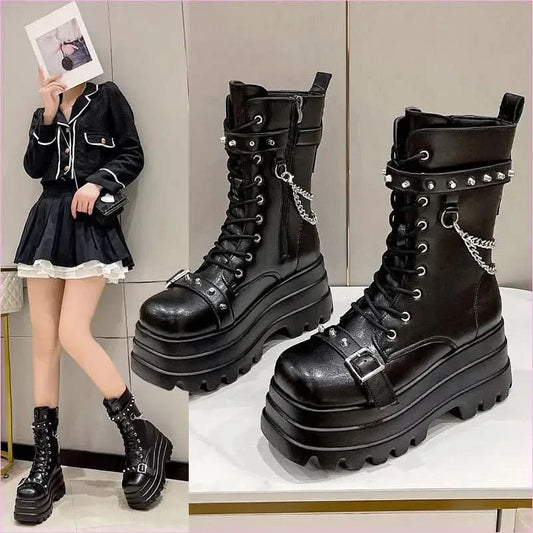 Chunky Women’s Punk Style Mid Length Boots with Studs and Chains - Pleasures and Sins