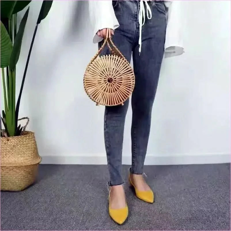 Circular Bamboo Woven Handcrafted Handbag with Top Handle - Pleasures and Sins