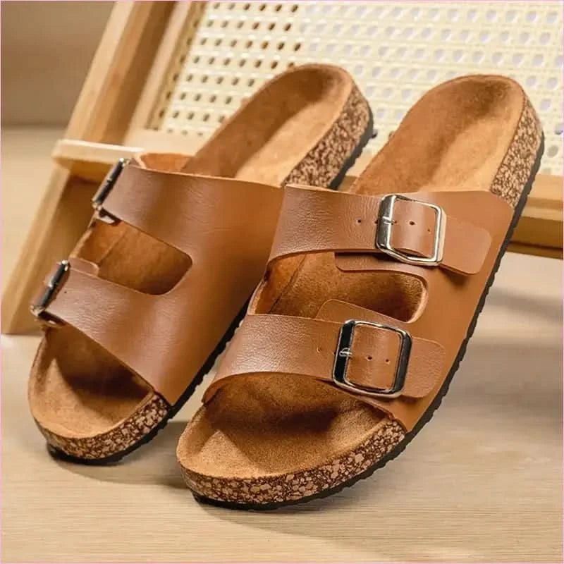 Classic Comfortable Summer Cork Sandals for Men in Black Leather - Pleasures and Sins
