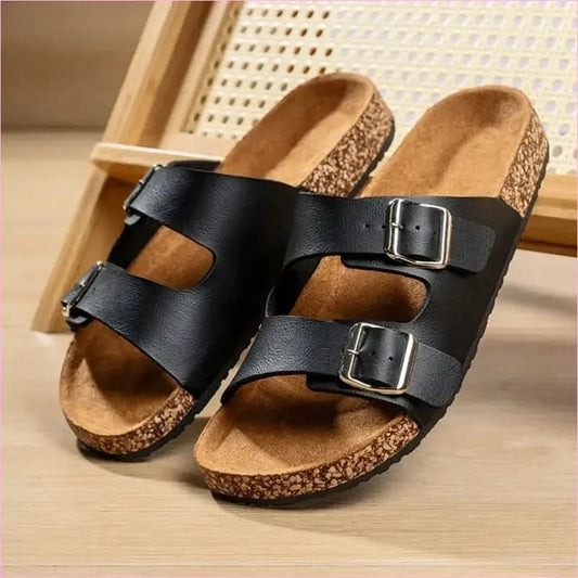 Classic Comfortable Summer Cork Sandals for Men in Black Leather - Pleasures and Sins