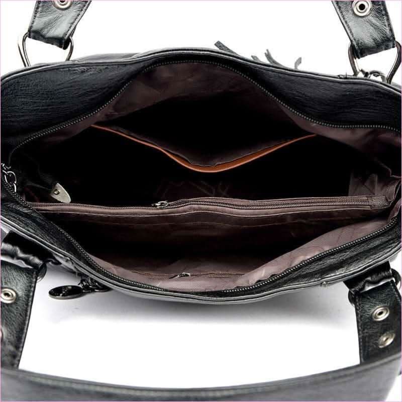 Classic Faux Leather Large Handbag with Sheepskin Tassel and Boho Flair - Pleasures and Sins