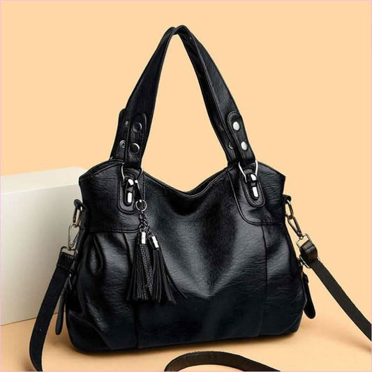 Classic Faux Leather Large Handbag with Sheepskin Tassel and Boho Flair - Pleasures and Sins