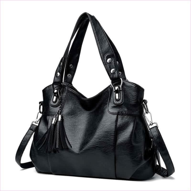 Classic Faux Leather Large Handbag with Sheepskin Tassel and Boho Flair - Pleasures and Sins