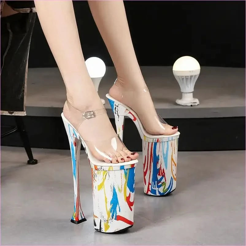 Colorful 26cm Paint Splash Transparent Open Toe Platform Heels - Pleasures and Sins
