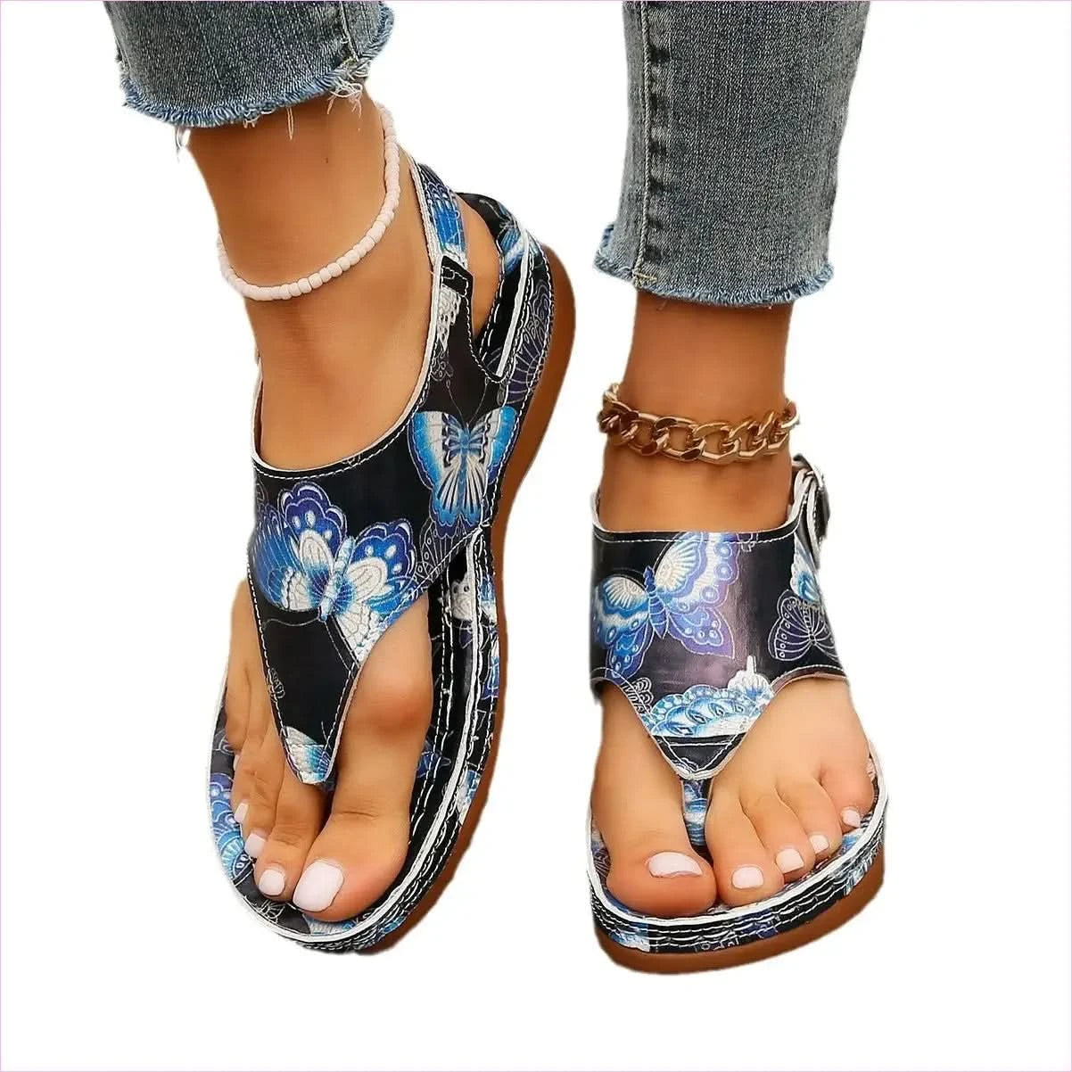 Colorful Anke Buckle Casual Wedge Sandals with Butterfly Design - Pleasures and Sins