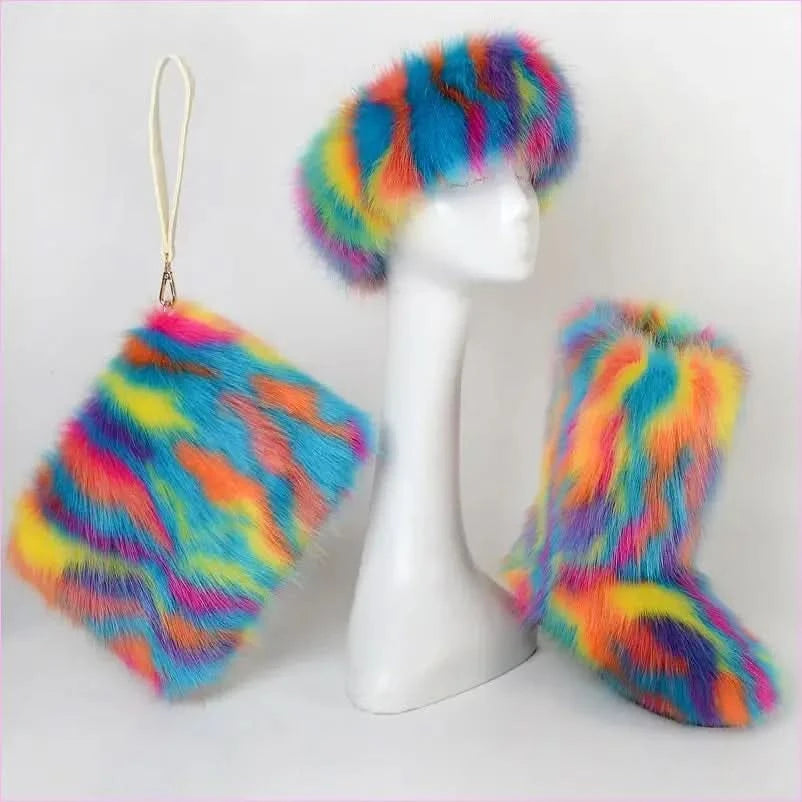 Colorful Padded Imitation Fur Women’s Snow Boots and Hat Set - Pleasures and Sins