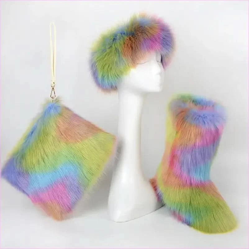 Colorful Padded Imitation Fur Women’s Snow Boots and Hat Set - Pleasures and Sins