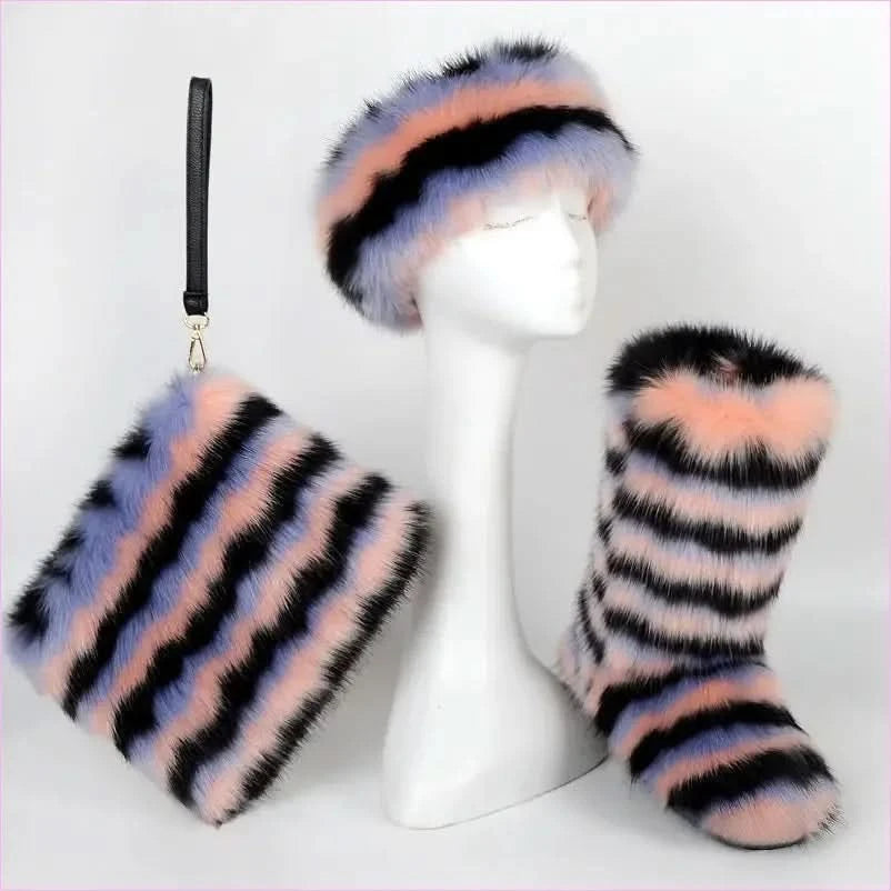 Colorful Padded Imitation Fur Women’s Snow Boots and Hat Set - Pleasures and Sins