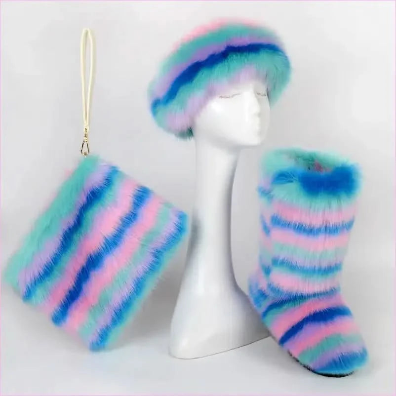 Colorful Padded Imitation Fur Women’s Snow Boots and Hat Set - Pleasures and Sins