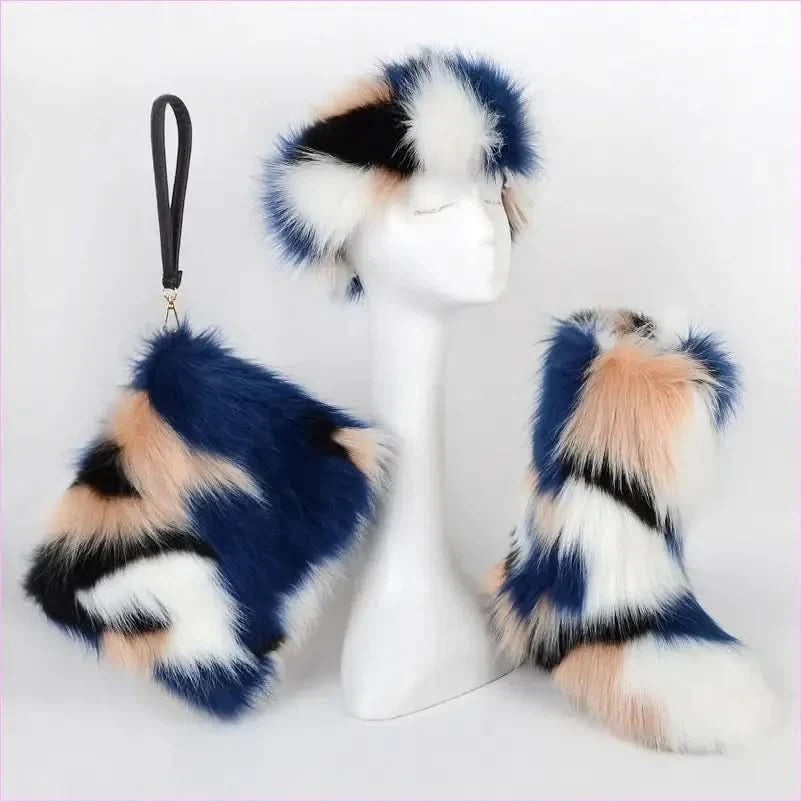 Colorful Padded Imitation Fur Women’s Snow Boots and Hat Set - Pleasures and Sins