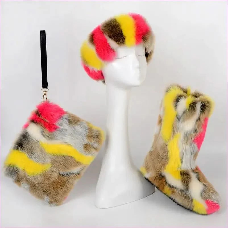 Colorful Padded Imitation Fur Women’s Snow Boots and Hat Set - Pleasures and Sins