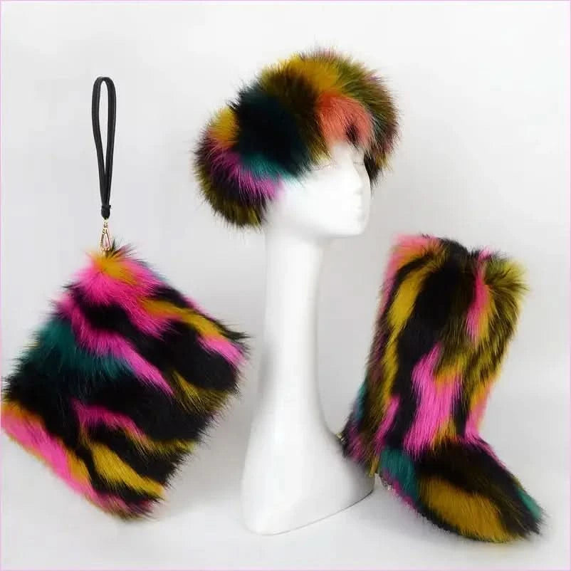 Colorful Padded Imitation Fur Women’s Snow Boots and Hat Set - Pleasures and Sins