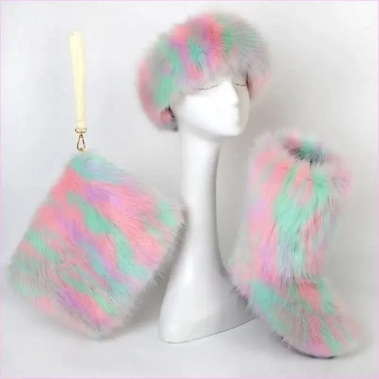 Colorful Padded Imitation Fur Women’s Snow Boots and Hat Set - Pleasures and Sins