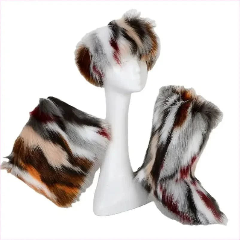 Colorful Padded Imitation Fur Women’s Snow Boots and Hat Set - Pleasures and Sins