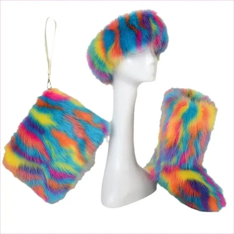 Colorful Padded Imitation Fur Women’s Snow Boots and Hat Set - Pleasures and Sins
