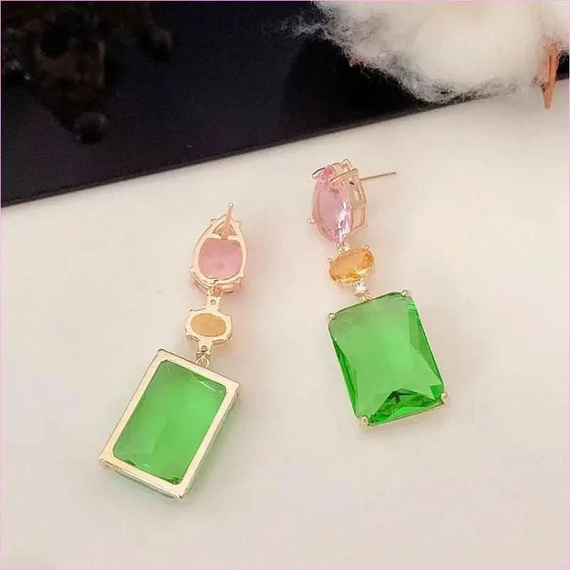 Colorful Pink Droplet Geometric Square Earrings with Zircon Accents - Pleasures and Sins