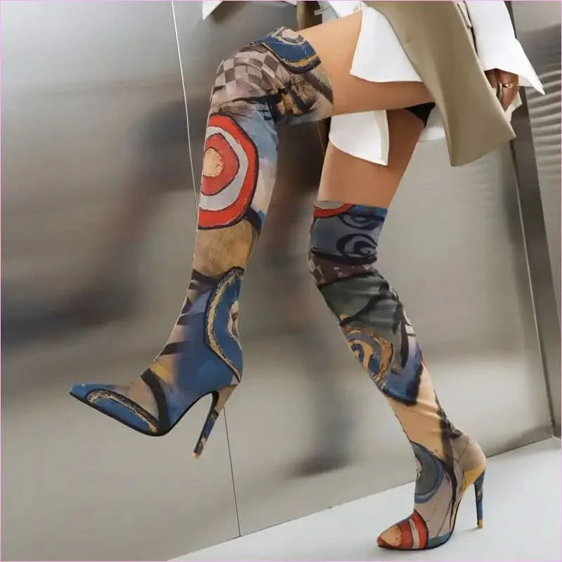 Colorful Plus Size Pointed Toe Ultra-high Knee Boots - Pleasures and Sins