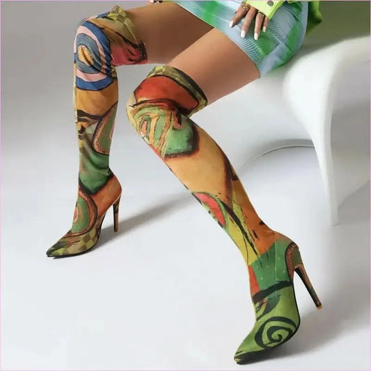Colorful Plus Size Pointed Toe Ultra-high Knee Boots - Pleasures and Sins