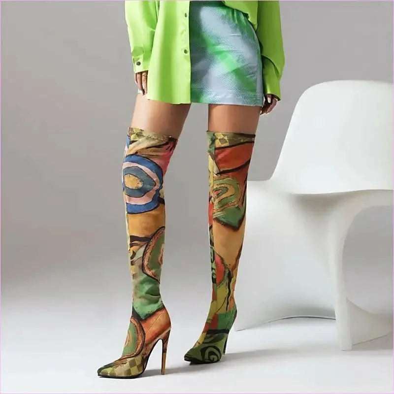 Colorful Plus Size Pointed Toe Ultra-high Knee Boots - Pleasures and Sins