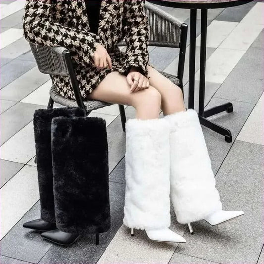 Contrasting Black and White Faux Fur Stiletto High Heels - Pleasures and Sins