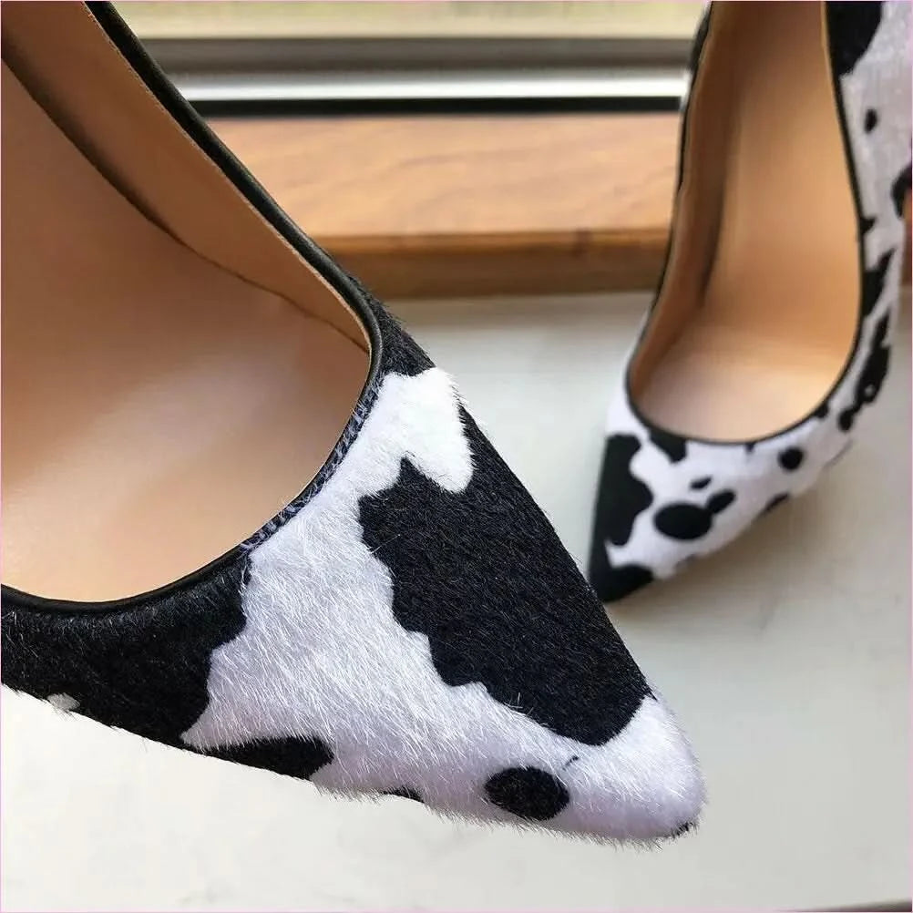 Cow Print Hairy Flock Pointed Toe High Heels - Pleasures and Sins
