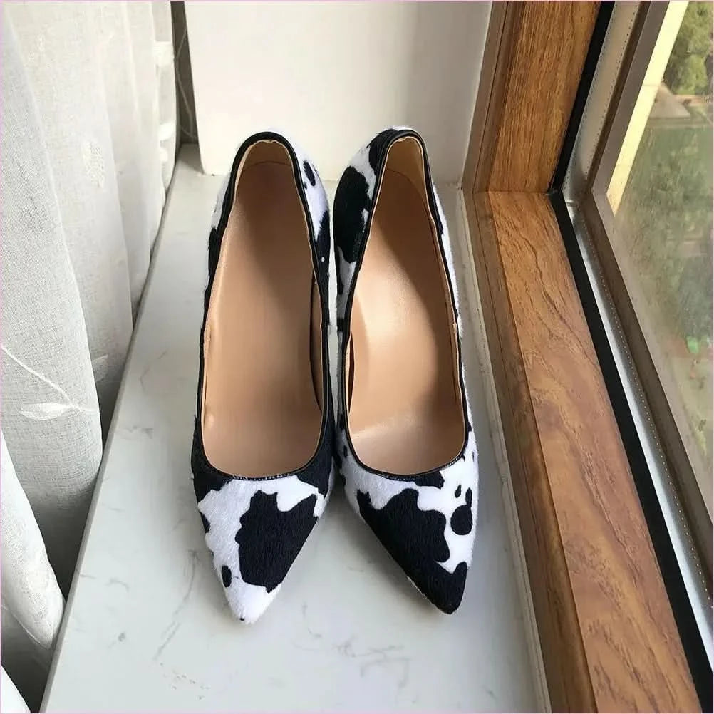 Cow Print Hairy Flock Pointed Toe High Heels - Pleasures and Sins