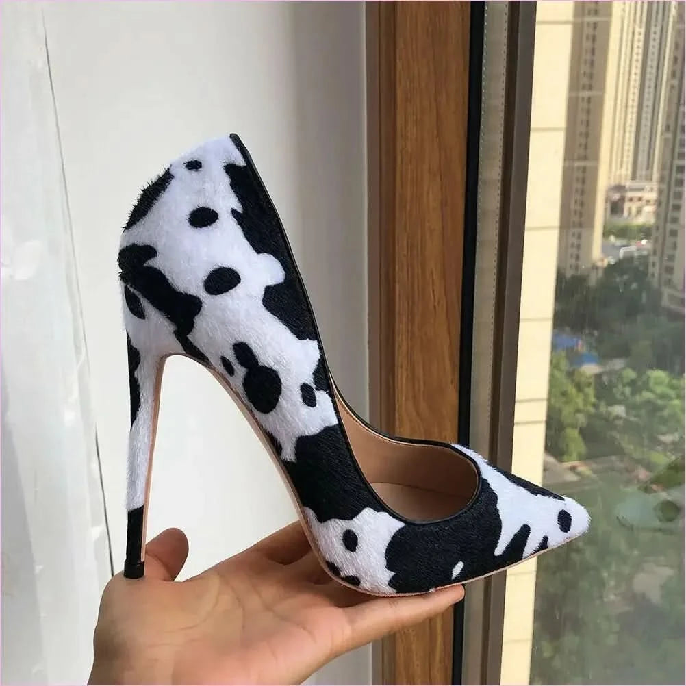 Cow Print Hairy Flock Pointed Toe High Heels - Pleasures and Sins