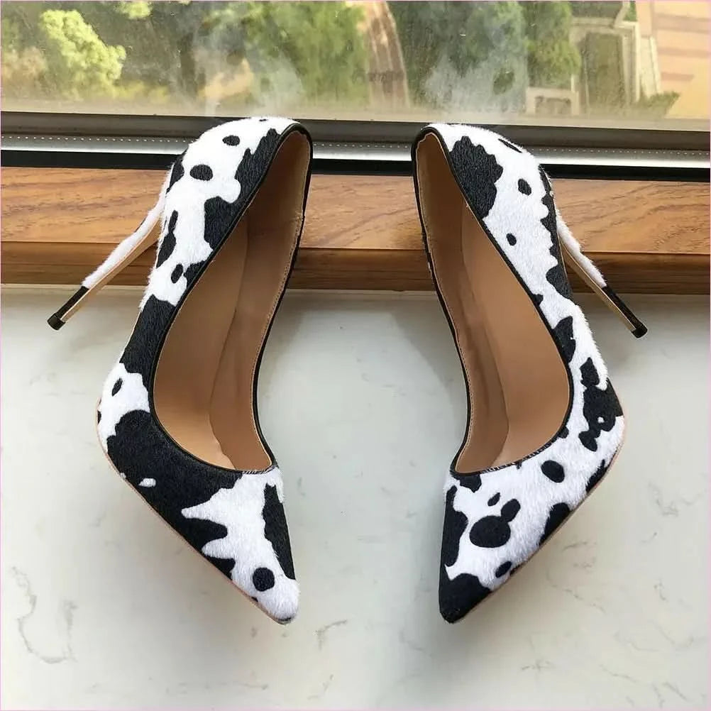 Cow Print Hairy Flock Pointed Toe High Heels - Pleasures and Sins