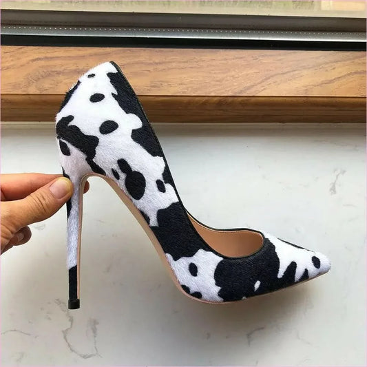 Cow Print Hairy Flock Pointed Toe High Heels - Pleasures and Sins