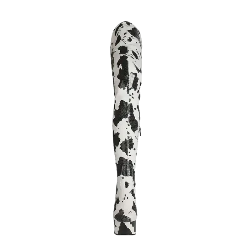 Cow Print Thigh Length Platform Boots for Standout Style - Pleasures and Sins