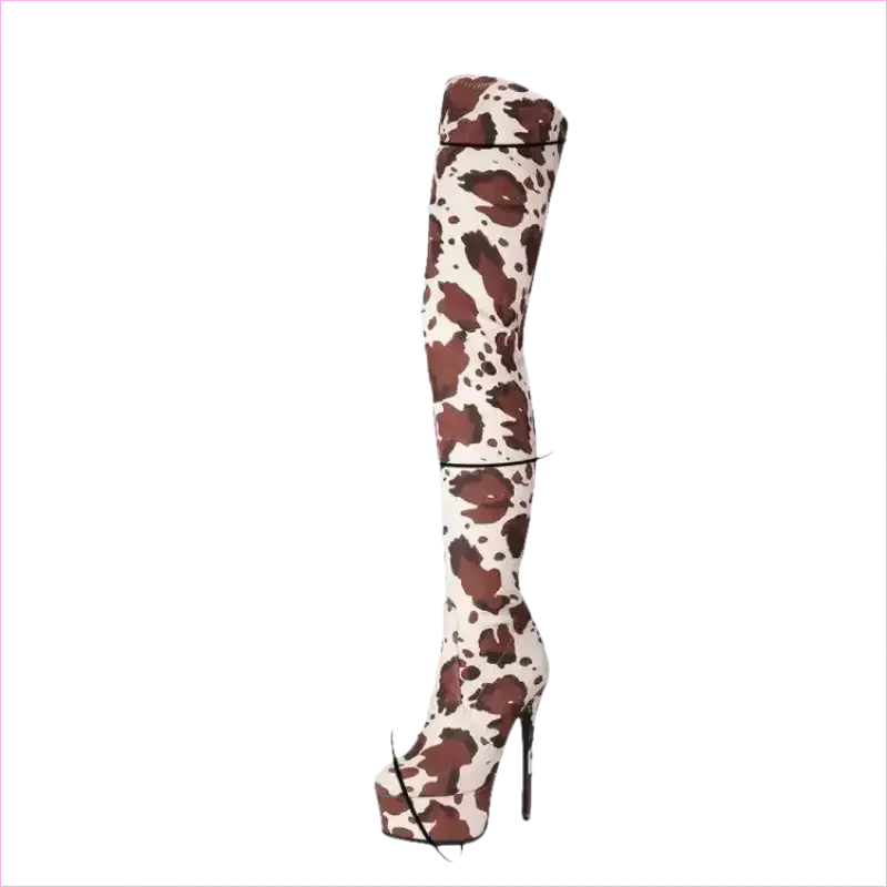 Cow Print Thigh Length Platform Boots for Standout Style - Pleasures and Sins